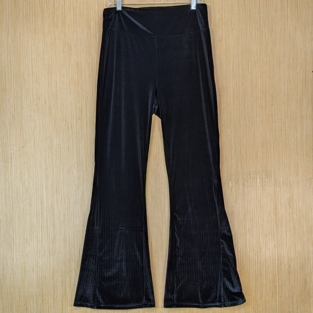 Jolt Womens Black Striped Velvet Flare Pants Large High Rise Bell Bottoms Retro‎